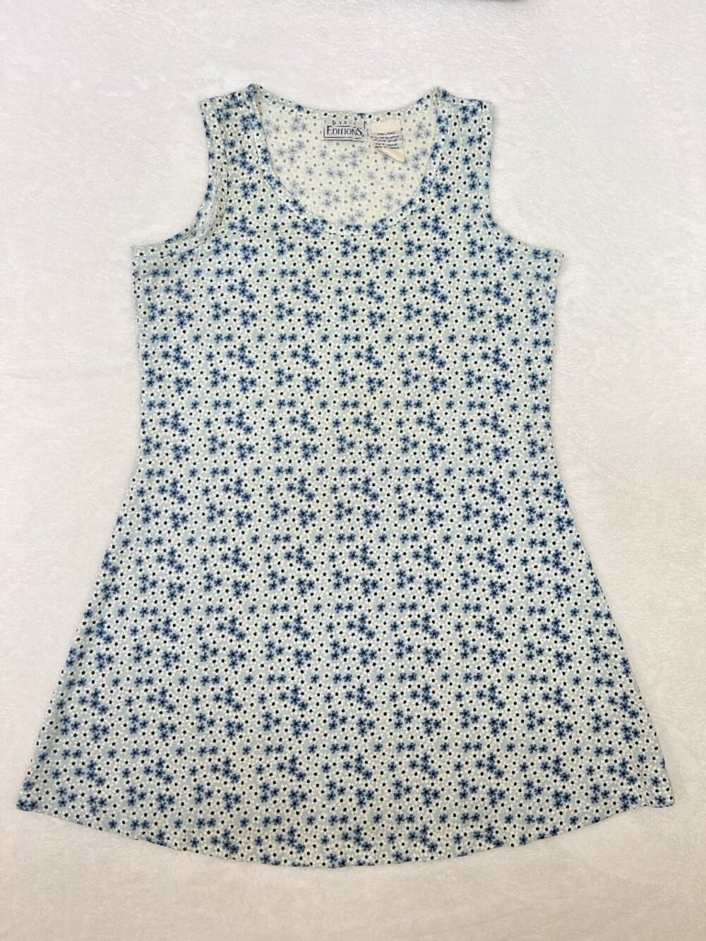 VTG Basic Editions Blue 100% Cotton Ditsy Floral Shift Tank Dress Sz S 90s y2k